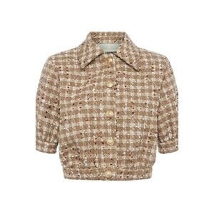 L'AGENCE Cove‎ Cropped Tweed Short Sleeve Puff Jacket cappuccino cream tan 8